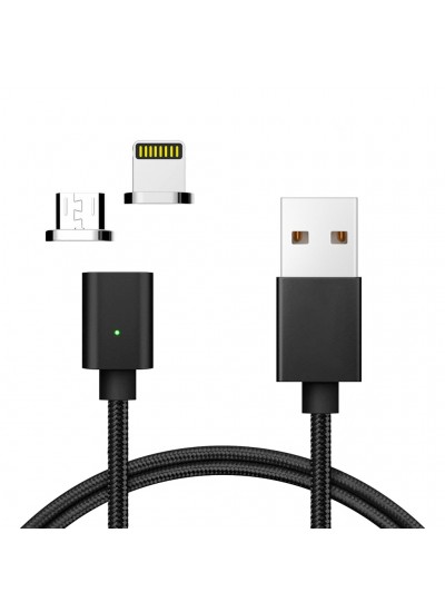 FitPlus Manyetik Mıknatıslı Hızlı Şarj Kablosu 2in1 QC 3.0 Lightning+Micro Siyah
